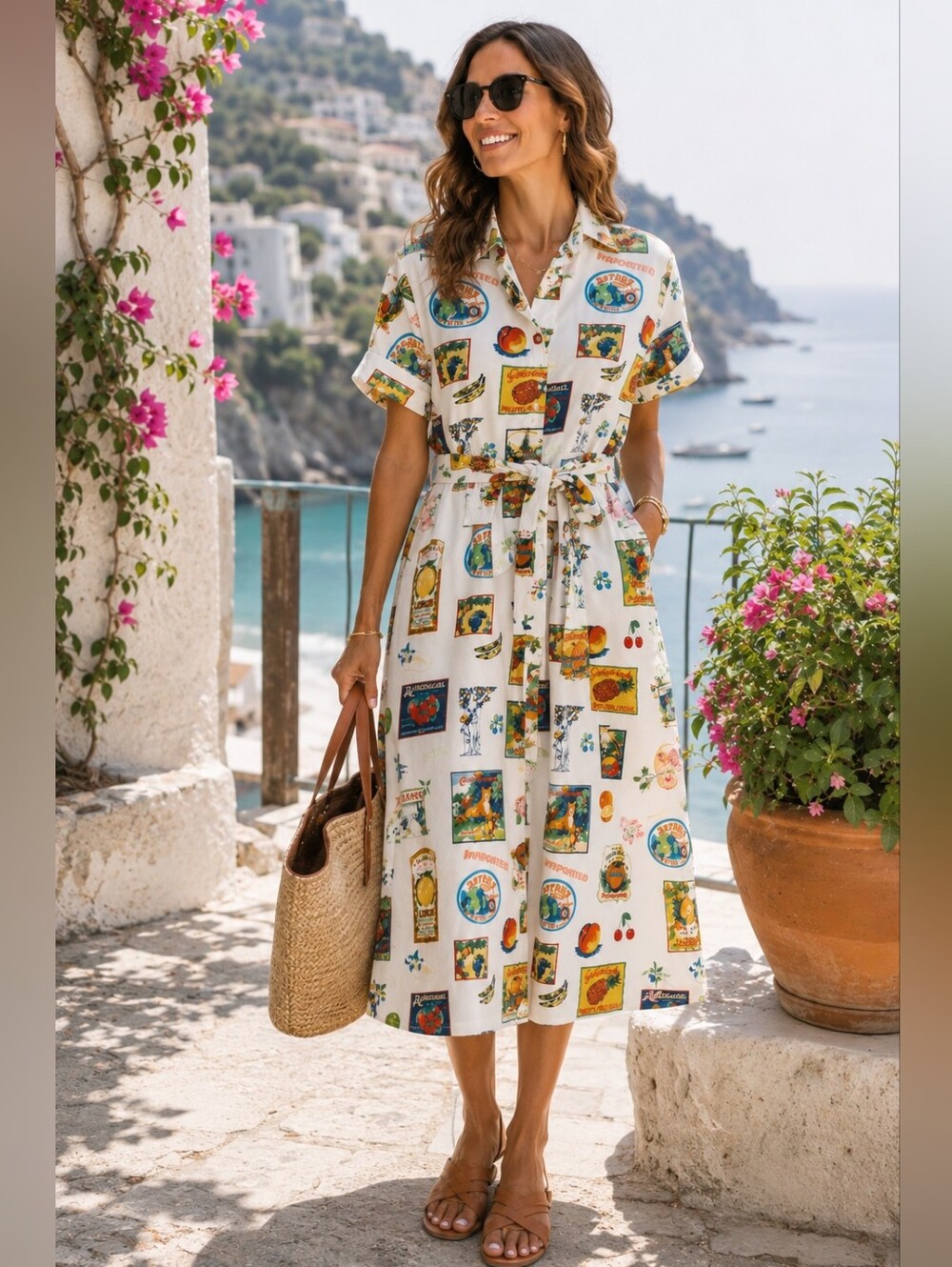Jane + Delancey Linen Printed Tie-Waist Midi Shirt Dress XL BNWT